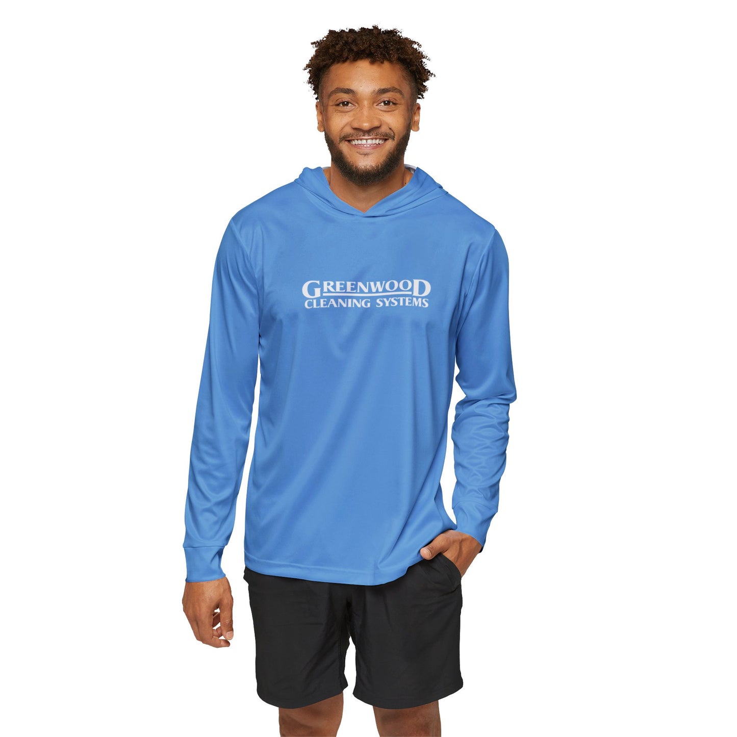 Copy of Greenwood Cleaning Systems UPF+50 Performance Hoodie (Carolina Blue with White Logo)