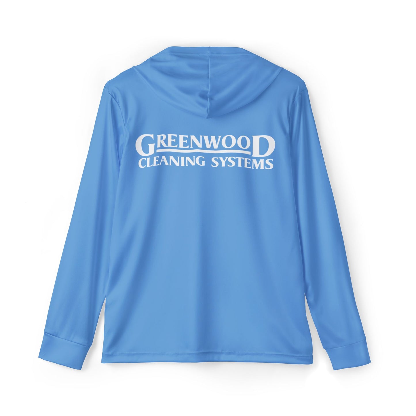 Copy of Greenwood Cleaning Systems UPF+50 Performance Hoodie (Carolina Blue with White Logo)
