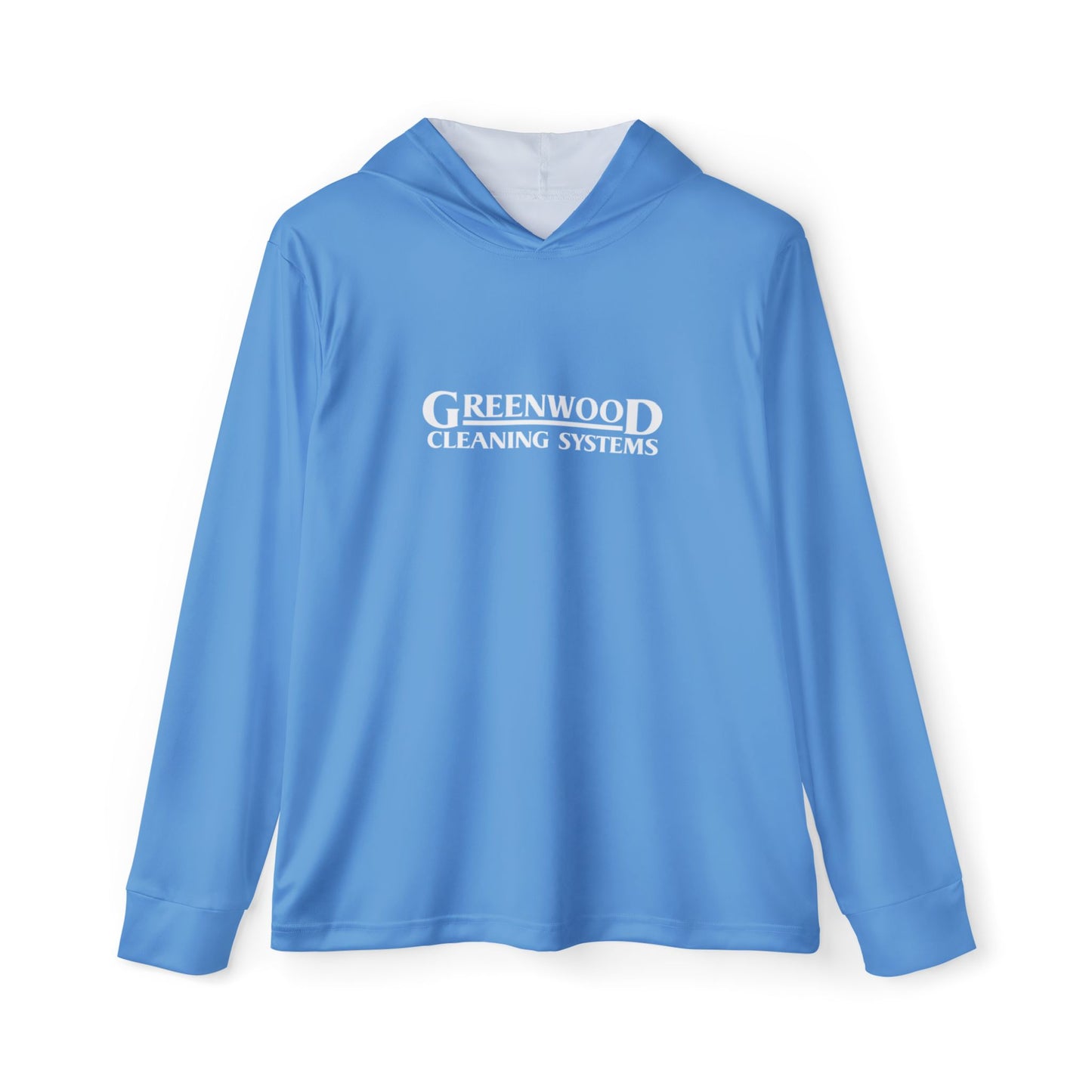 Copy of Greenwood Cleaning Systems UPF+50 Performance Hoodie (Carolina Blue with White Logo)