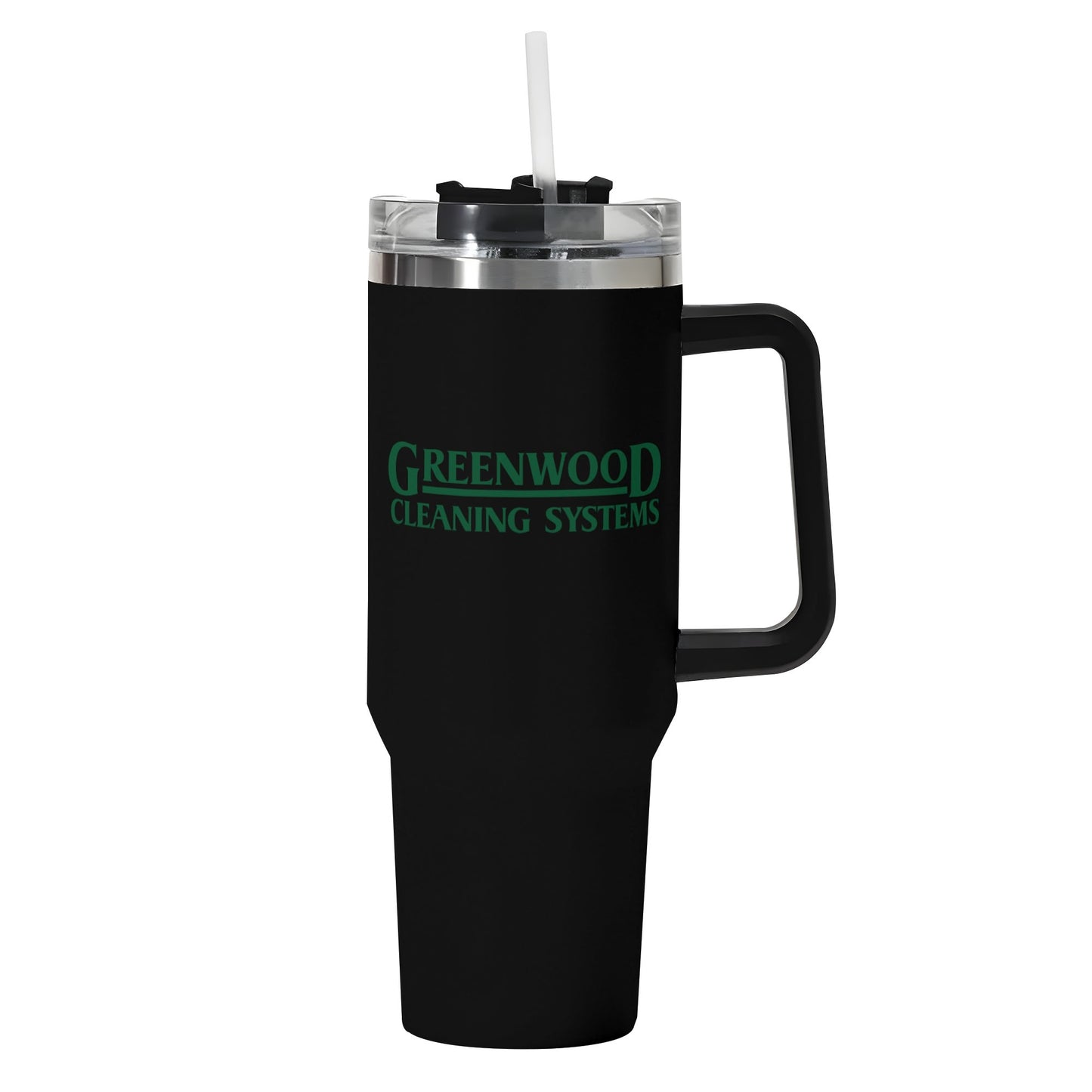 Greenwood Cleaning Systems 40oz Stainless Steel Tumbler with Black Handle and Straw
