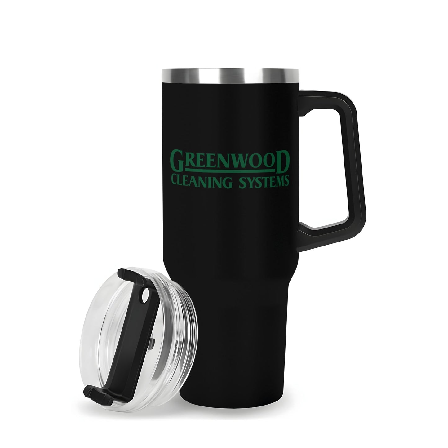 Greenwood Cleaning Systems 40oz Stainless Steel Tumbler with Black Handle and Straw