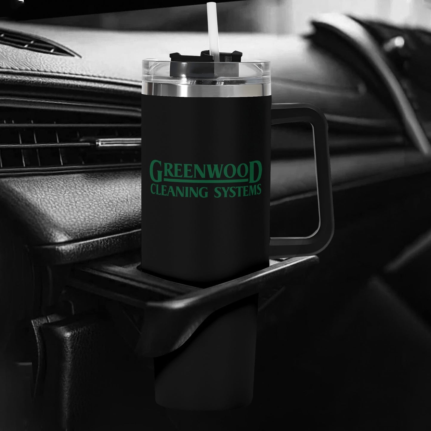 Greenwood Cleaning Systems 40oz Stainless Steel Tumbler with Black Handle and Straw