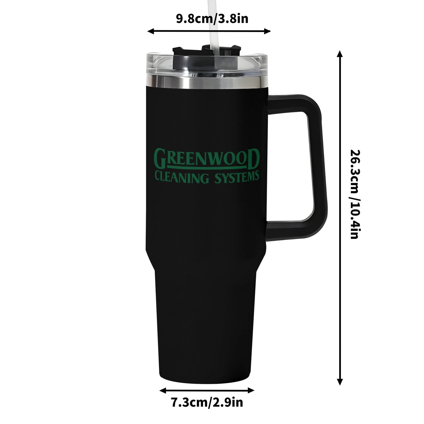 Greenwood Cleaning Systems 40oz Stainless Steel Tumbler with Black Handle and Straw