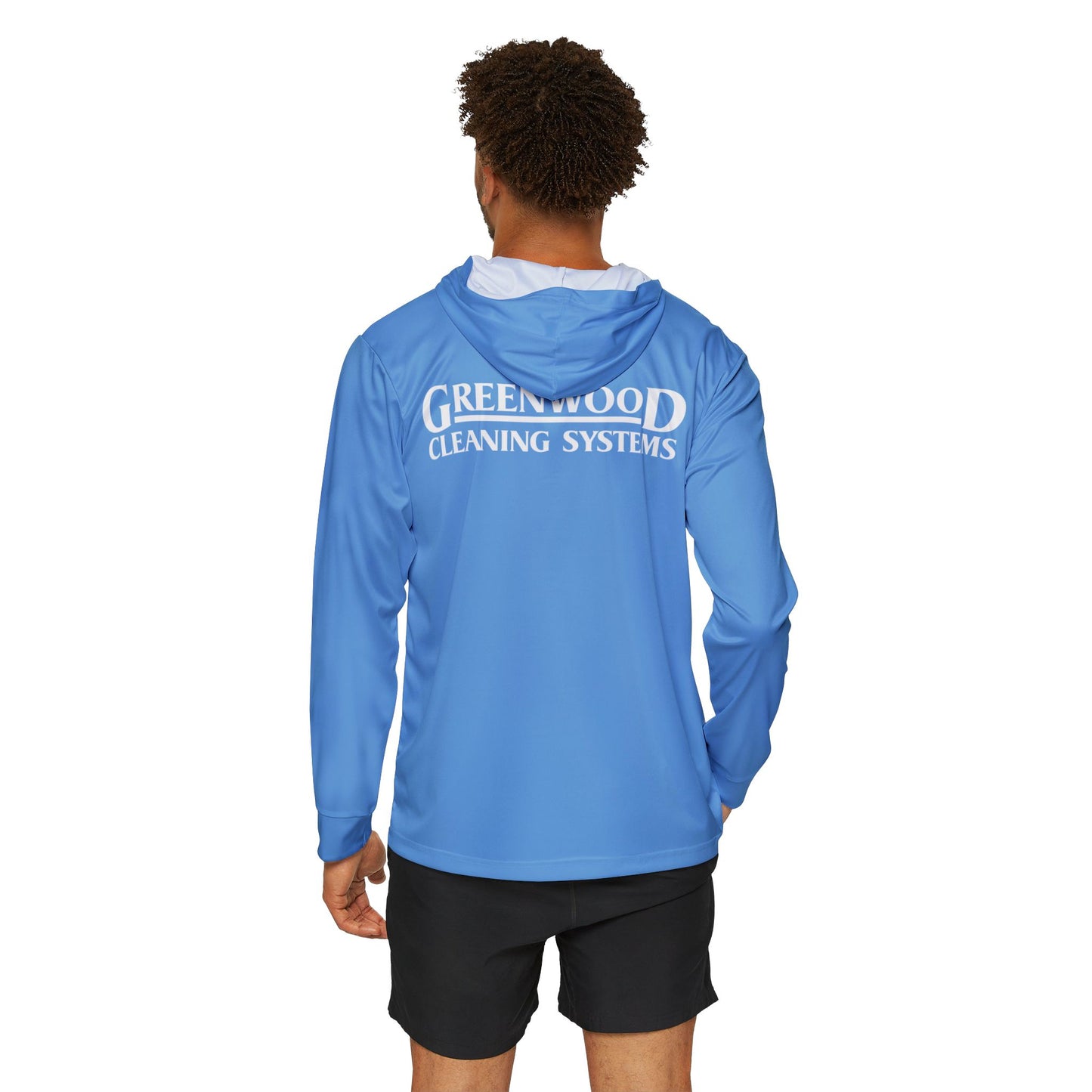 Copy of Greenwood Cleaning Systems UPF+50 Performance Hoodie (Carolina Blue with White Logo)