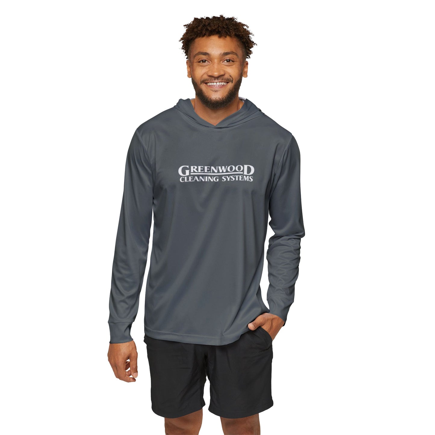 Greenwood Cleaning Systems UPF+50 Performance Hoodie (Dark Gray with White Logo)