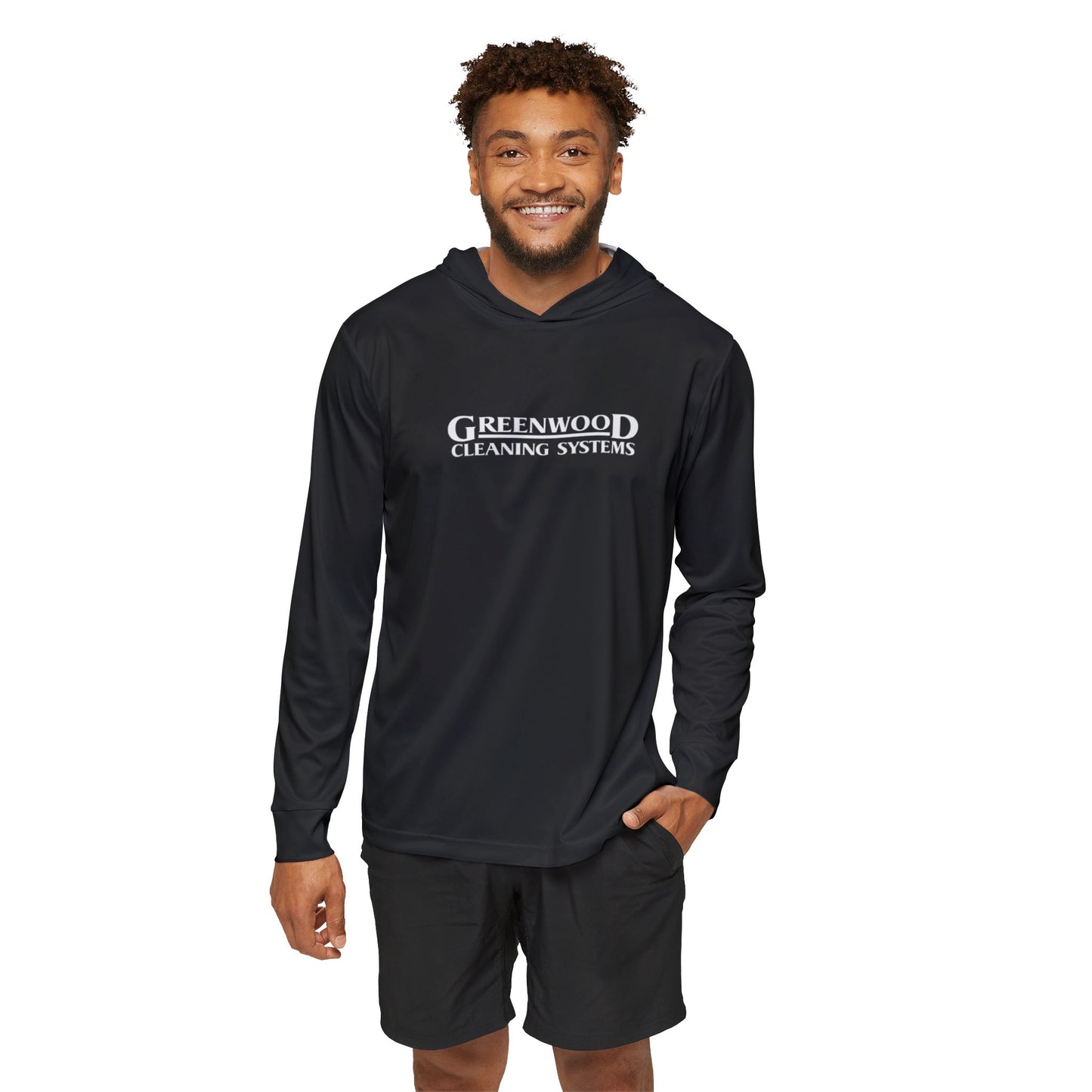Greenwood Cleaning Systems UPF+50 Performance Hoodie (Black with White Logo)
