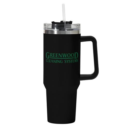 Greenwood Cleaning Systems 40oz Stainless Steel Tumbler with Black Handle and Straw